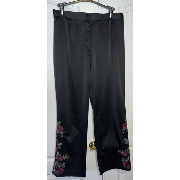 Spencer Jeremy Woman Pants - Spenser Jeremy Woman Pants Floral Embroidered Black Silky 16W Party Chic Stretch